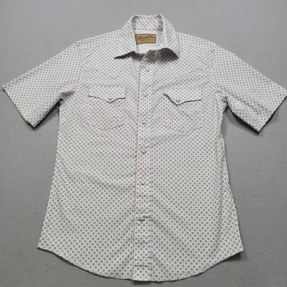 Wrangler Retro Western Shirt Mens Small Pearl Snap Short Sleeve Geometric White